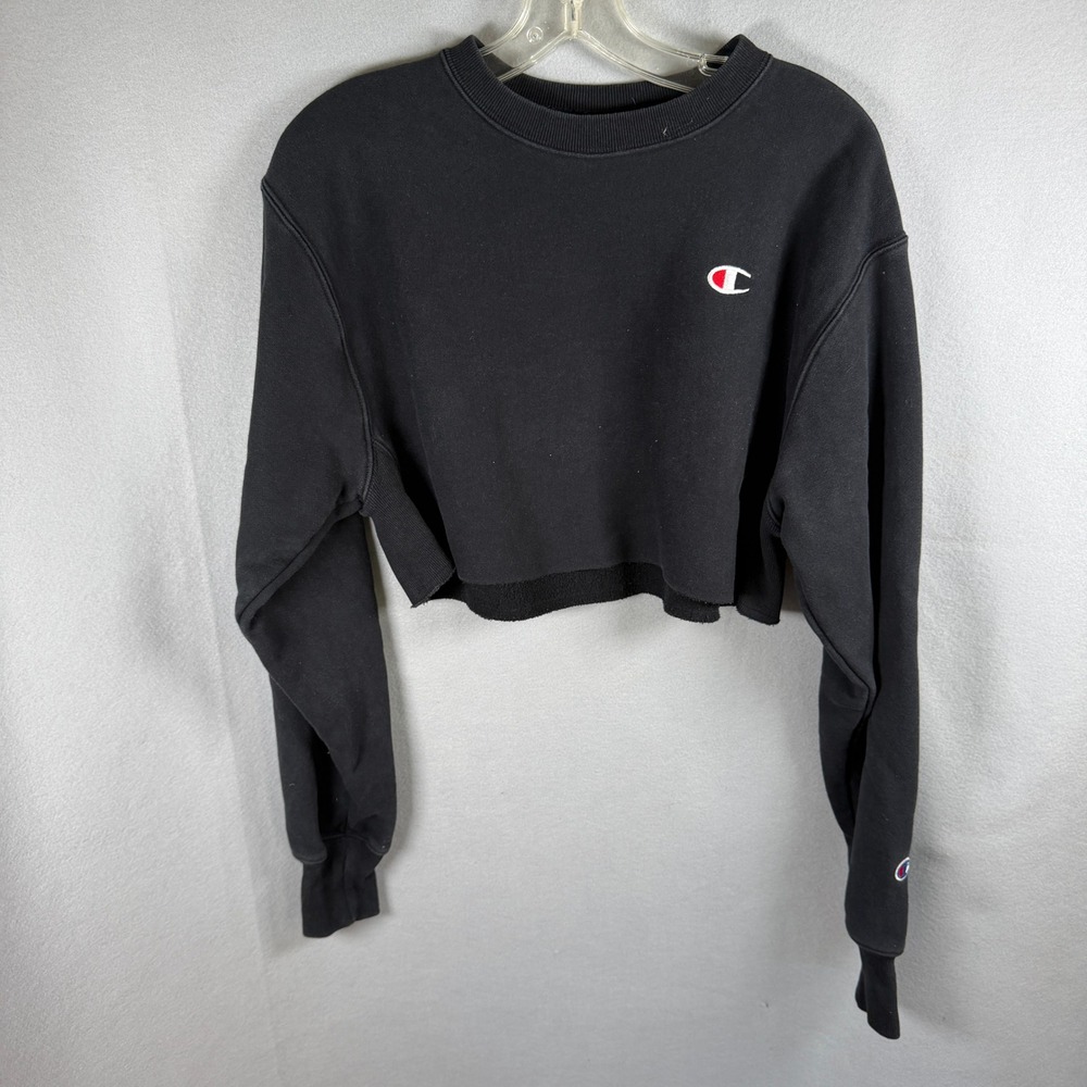 Champion Reverse Weave Sweatshirt Women XS Black Raw Hem Cropped Fleece EUC